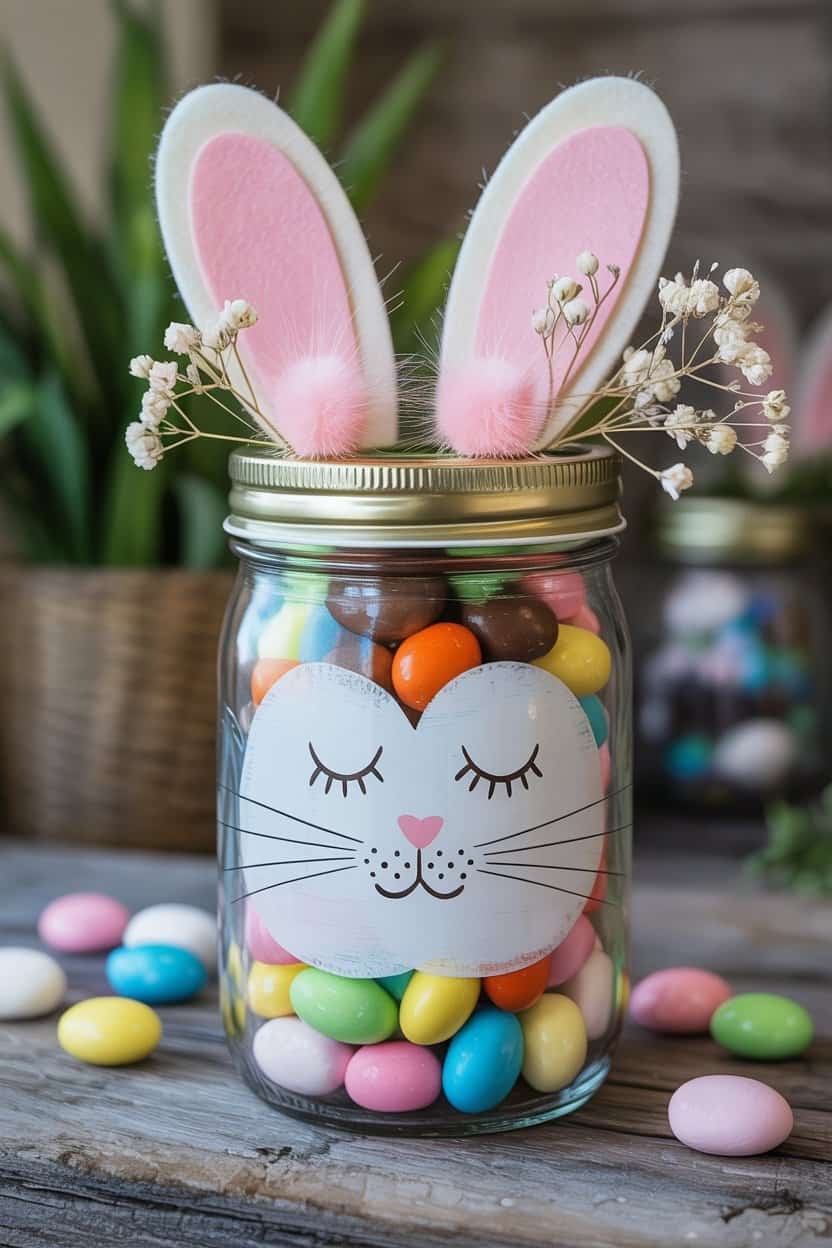 Einmachglas mit Hasengesicht bemalt, gefüllt mit bunten Schokolinsen, Filzohren auf dem Deckel und getrockneten Blüten