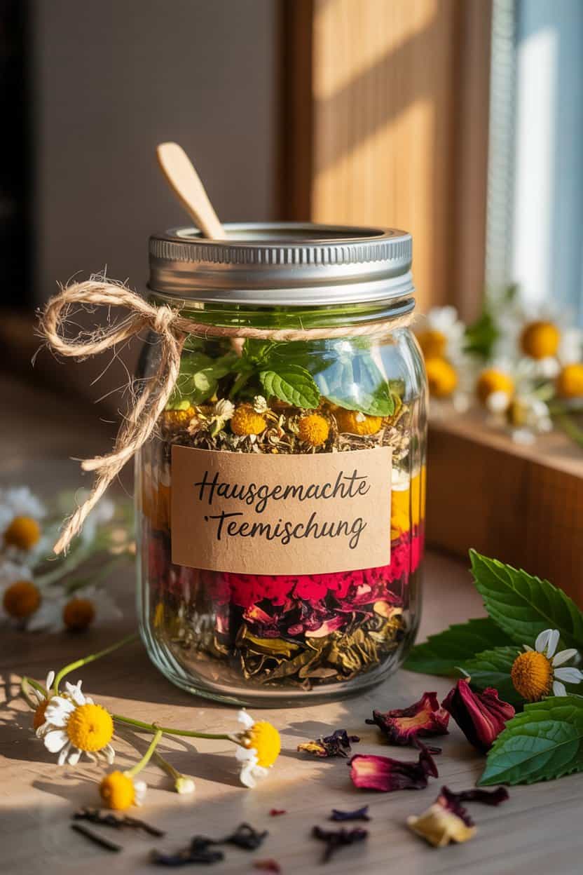 Schraubglas mit geschichteter Teemischung, dekoriert mit Jutekordel, Etikett Hausgemachte Teemischung und getrockneten Blüten