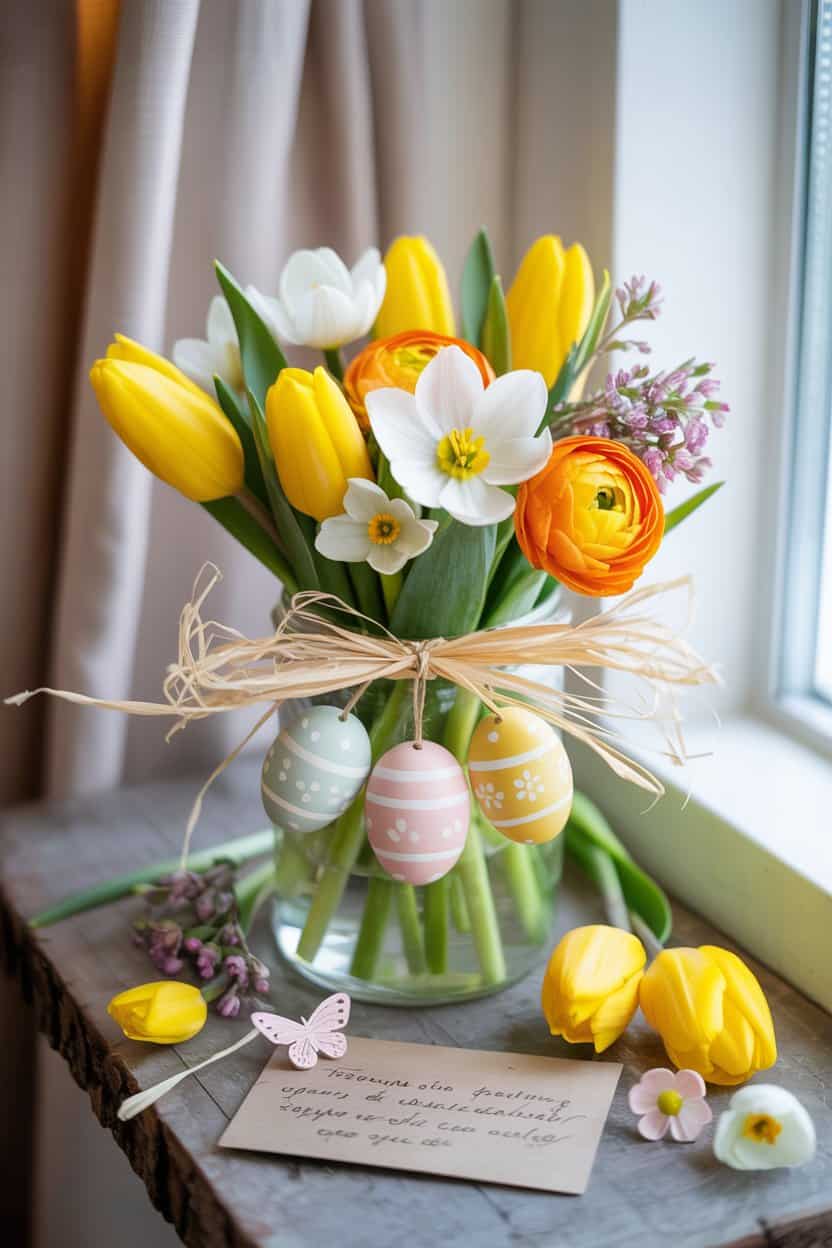 Frühlingsblumenstrauß mit gelben Tulpen, weißen Narzissen und Ranunkeln in Glasvase, gebunden mit Bast und Ostereiern aus Holz