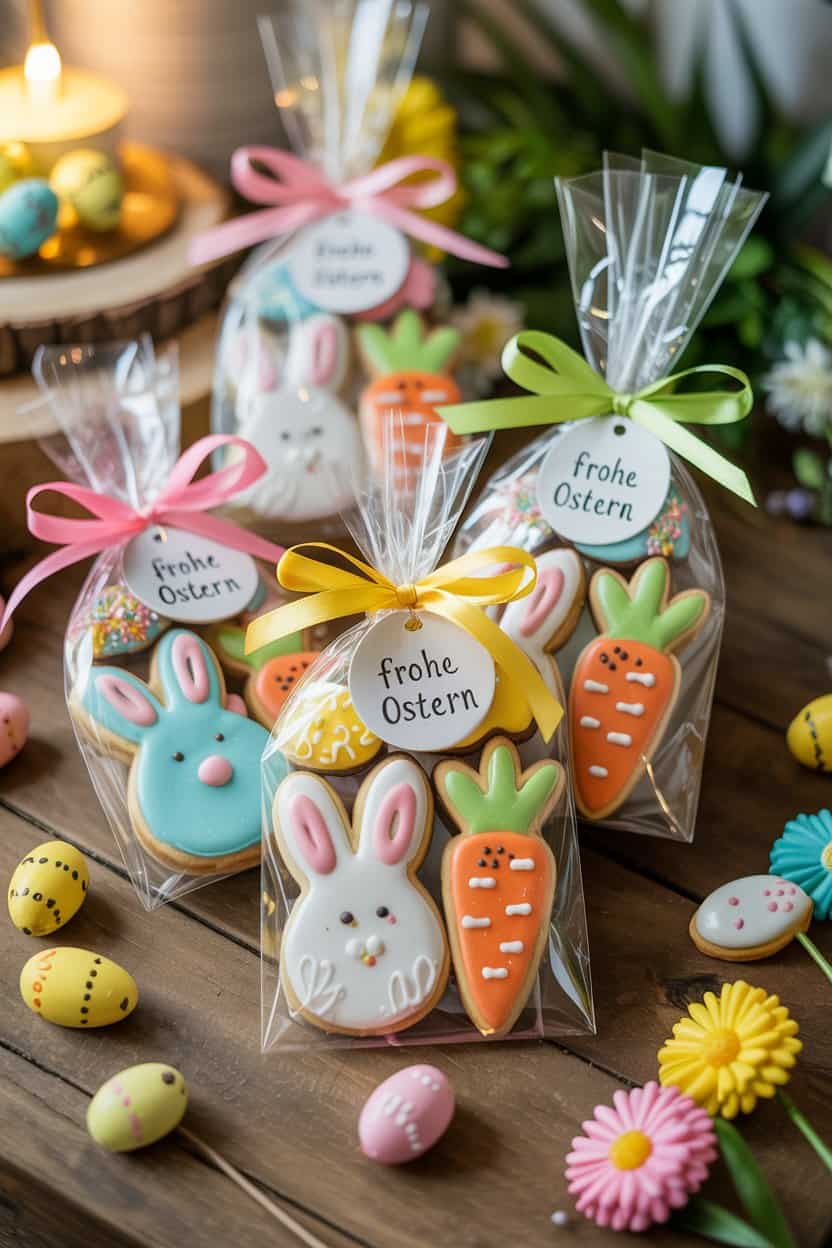 Bunte Osterkekse in Cellophantüten, Hasen- und Karottenformen mit Zuckerguss verziert, verschlossen mit Satinbändern und Frohe Ostern Anhängern