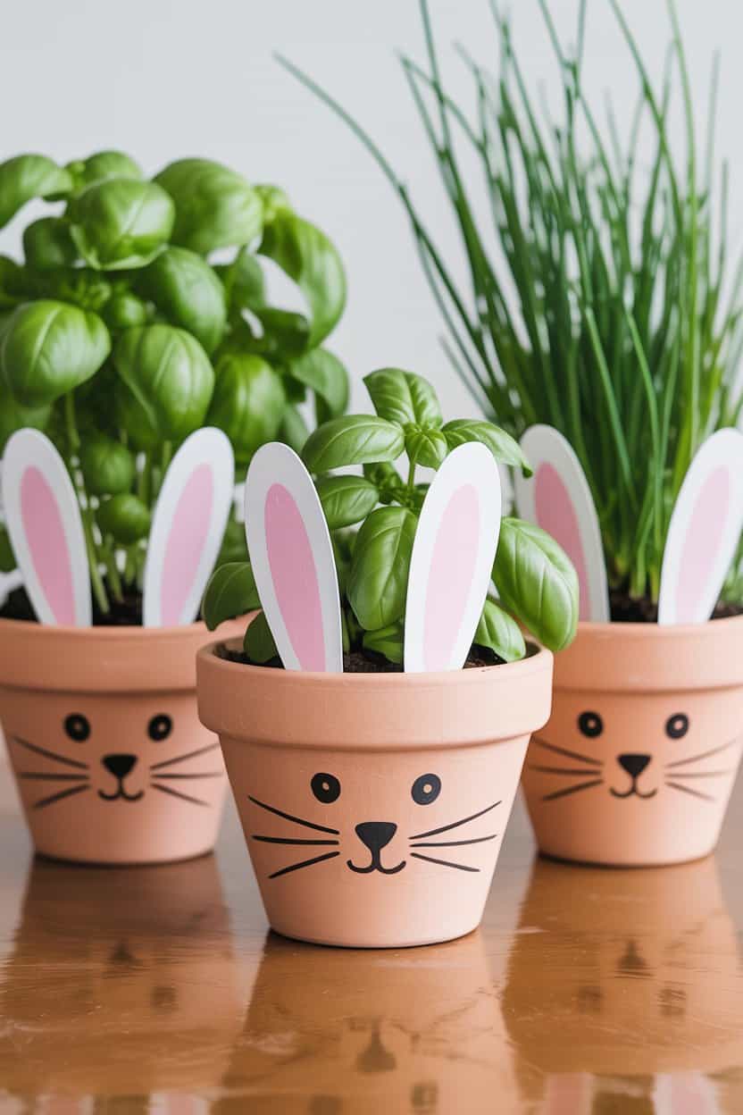 Kleine Terrakottatöpfe mit Kräutern, bemalt mit Hasengesicht und Papierohren in rosa, aufgereiht auf Fensterbank