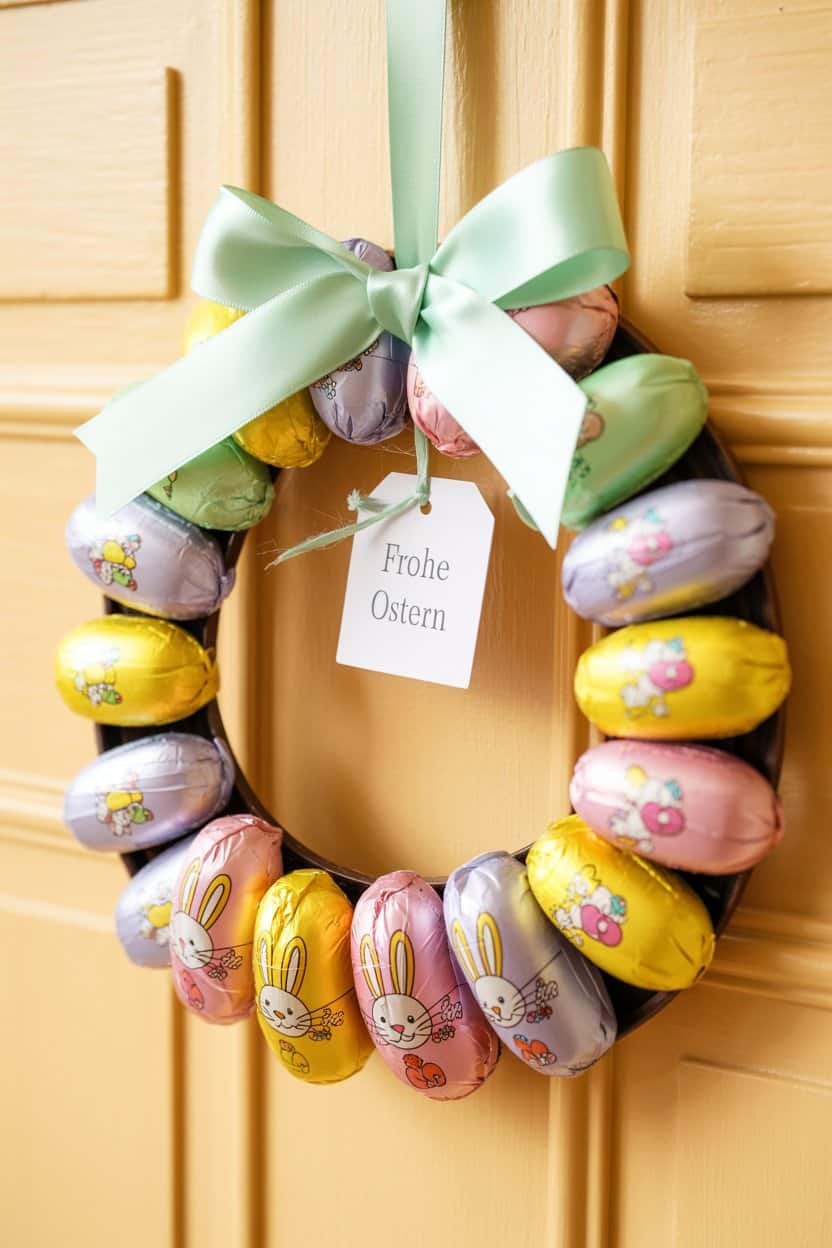 Osterkranz aus bunten Schokoeiern mit Hasen- und Blumenmotiven, zusammengebunden mit grünem Satinband und einer Karte mit Frohe Ostern Gruß