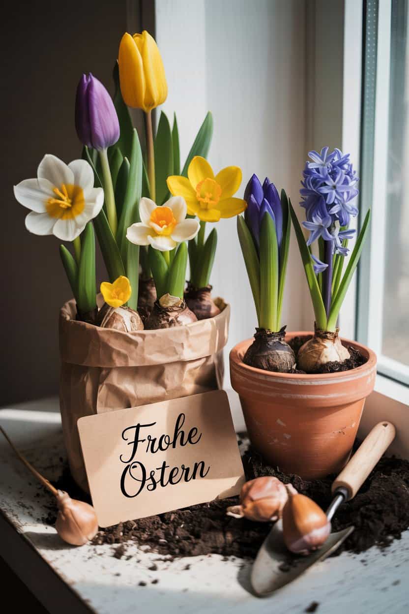 Blumenzwiebeln in Terrakottatöpfen mit blühenden Tulpen, Krokussen und Hyazinthen, daneben Gartenwerkzeug und Frohe Ostern Karte