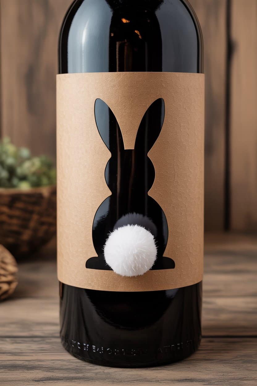 Weinflasche mit selbstgemachter Kraftpapier-Banderole in Hasenform und weißem Pompon als Hasenschwänzchen