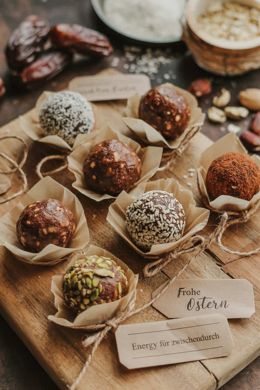 Energy Balls in verschiedenen Sorten auf Holzbrett, verpackt in Pergamentpapier mit Kordel und Anhänger Frohe Ostern