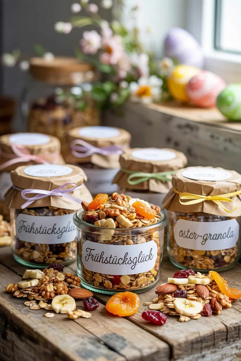 Mehrere Einmachgläser gefüllt mit Oster-Granola, dekoriert mit bunten Bändern und Etiketten Frühstücksglück
