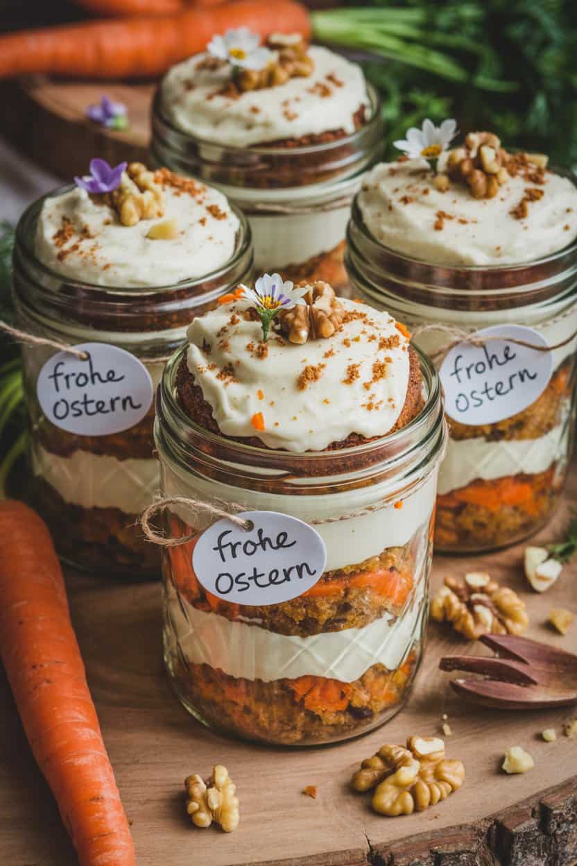 Karottenkuchen im Glas mit Frischkäse-Frosting, Walnüssen und Möhrenraspeln, mit handgeschriebenem Frohe Ostern Etikett