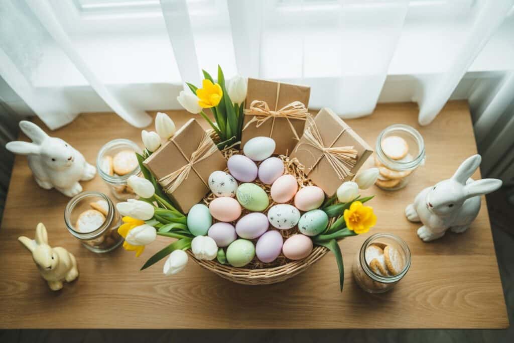 Osterkörbchen mit pastellfarbenen Eiern, Kraftpapier-Geschenken und Frühlingsblumen auf hellem Holztisch mit Teelichtern und Keramikhasen