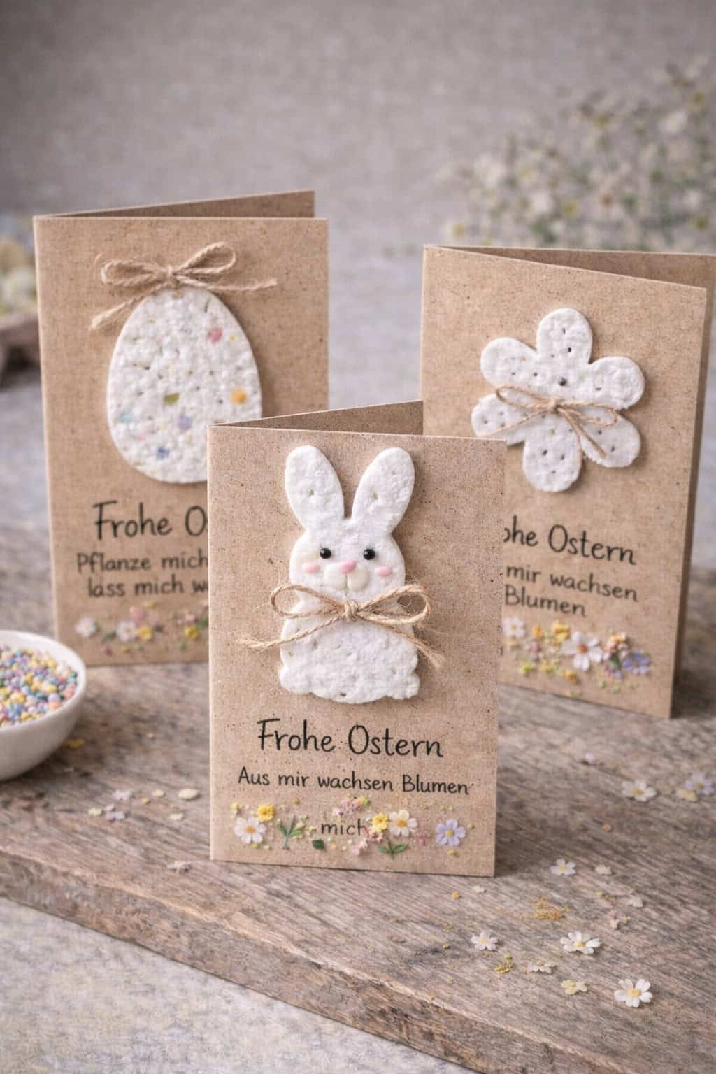 DIY Oster Mitbringsel mit handgemachten Osterkarten aus Kraftpapier und Saatpapier in Hasen- und Blumenform