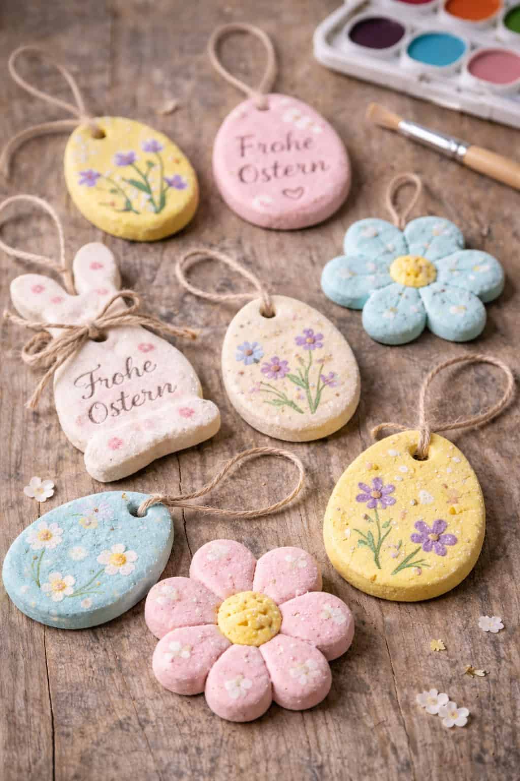 Mehrere handgefertigte Osteranhänger in Ei-, Hasen- und Blumenform mit gemalten Motiven
