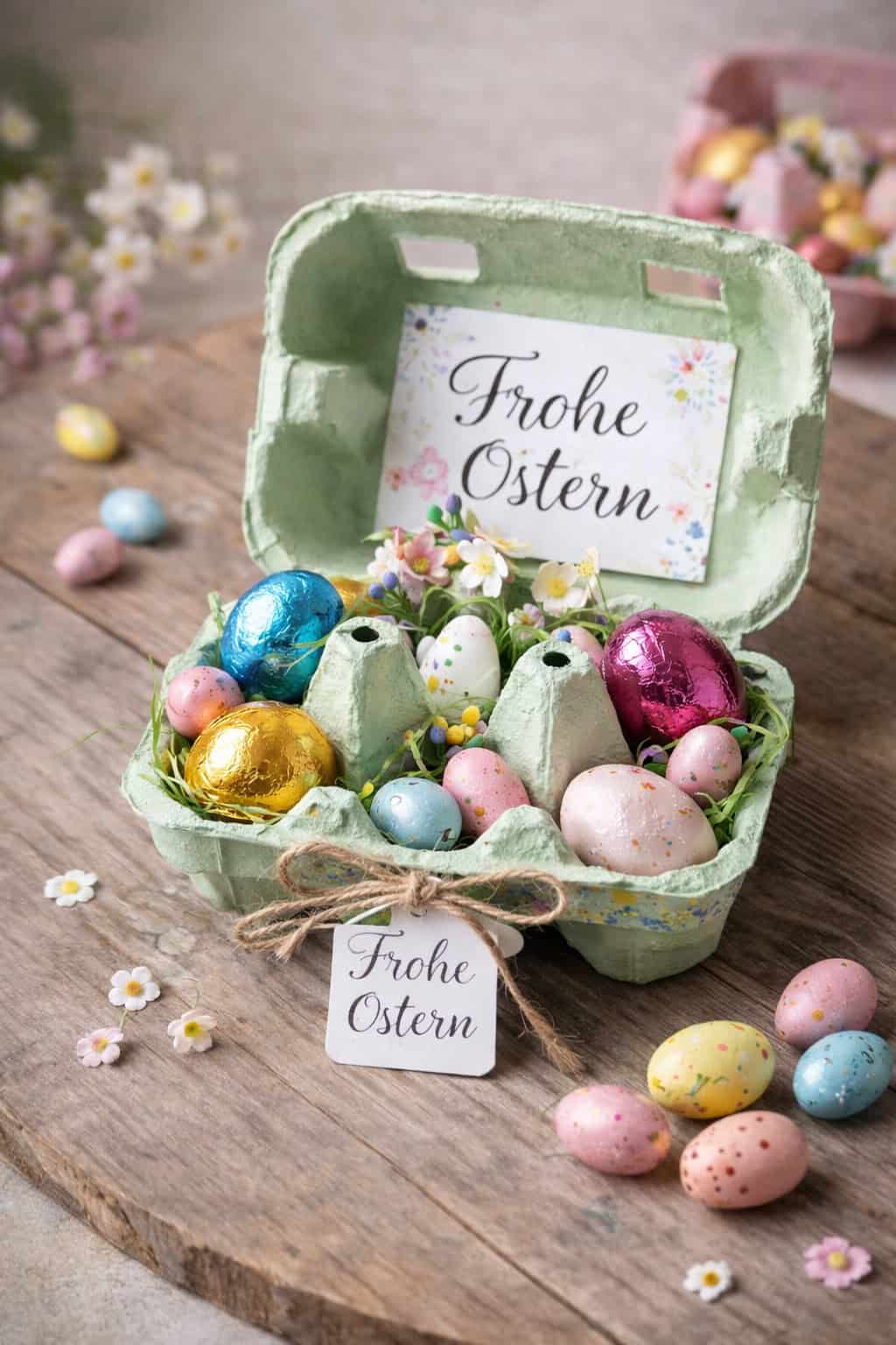 Geöffneter grüner Eierkarton mit bunten Ostereiern, Blumen und Osteranhänger