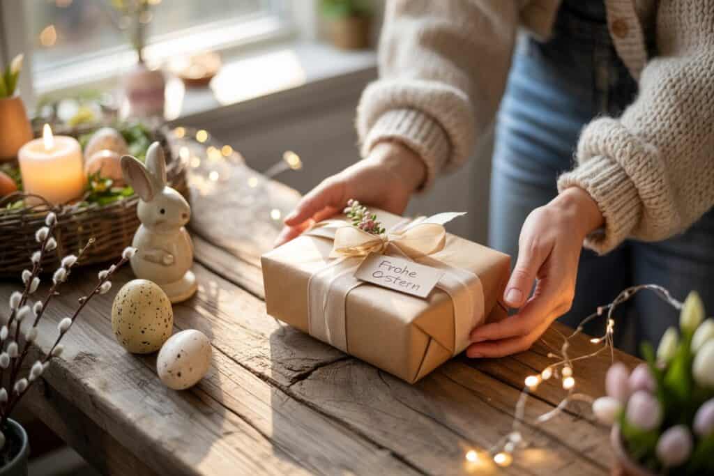Hände halten ein in Papier verpacktes Geschenk mit Schleife auf einem Holztisch