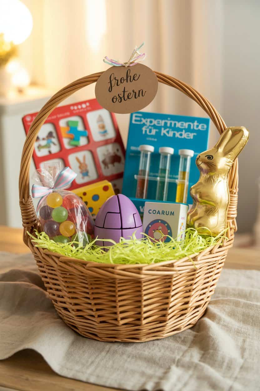 Osternest aus Weide mit Schokohase, Spielen, bunten Eiern und grünem Ostergras.