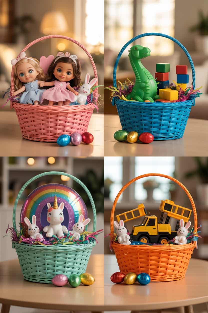 Vier bunte Osternester mit Puppen, Spielzeug, Bauklötzen und Schokoladeneiern.