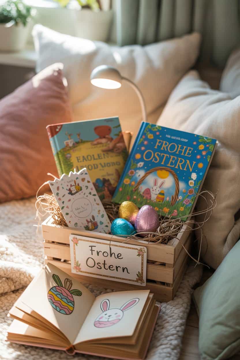 Holzkiste mit Kinderbuch, Ostereiern und kleiner Lampe auf einem Sofa.