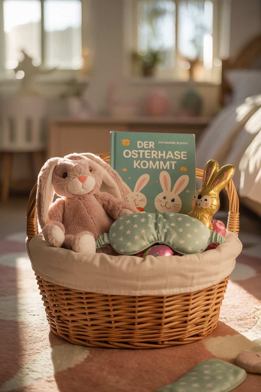 Geflochtener Korb mit Kuschelhase, Kinderbuch, Schlafmaske und kleinem Schokohasen in einem Kinderzimmer.