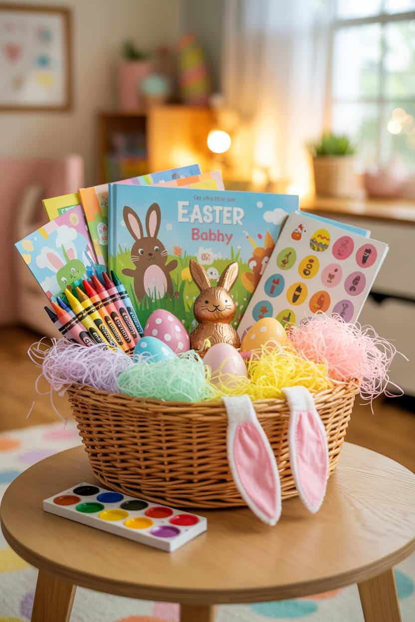 Geflochtener Korb mit Kinderbüchern, Buntstiften, Ostereiern und Bastelmaterial auf einem Tisch.