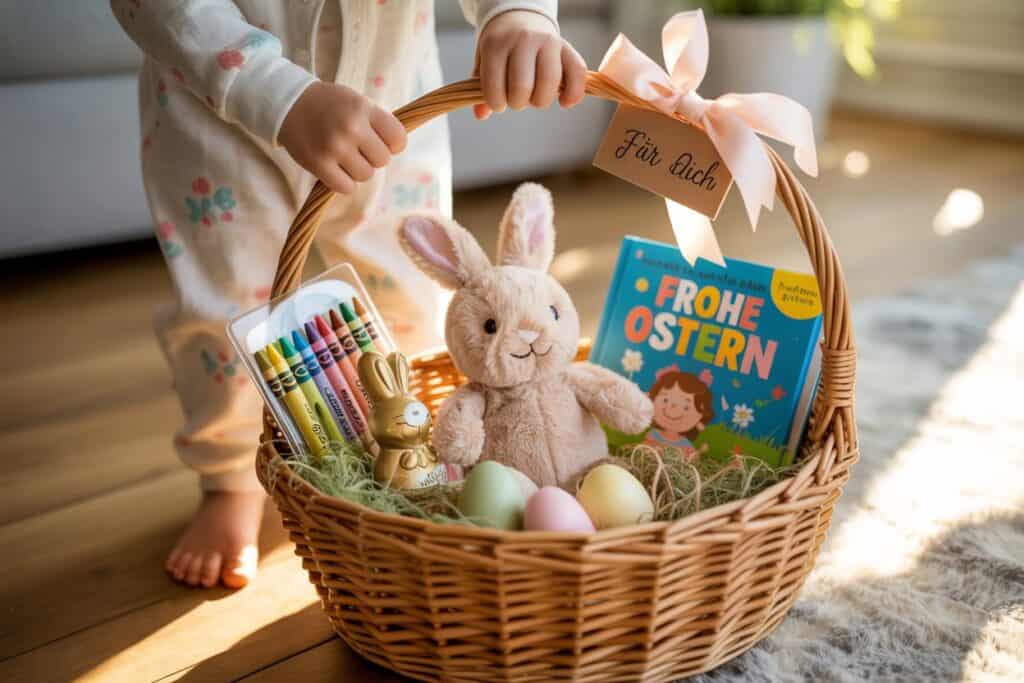 Kind hält einen geflochtenen Osterkorb mit Kuschelhasen, Malstiften, Bilderbuch und bunten Ostereiern