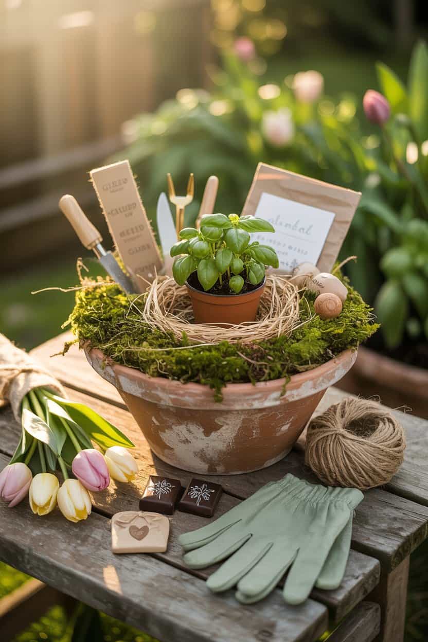 Blumentopf mit Basilikum, Gartenwerkzeug, Handschuhen und kleinen Geschenken auf Holztisch im Garten