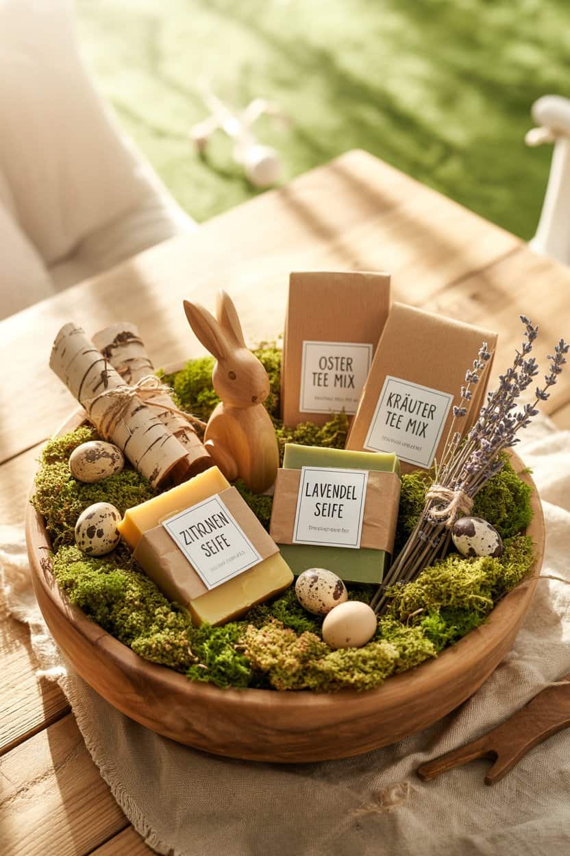 Runde Holzschale mit Seifen, Teemischungen, Moos, Wachteleiern und kleinem Holzhasen