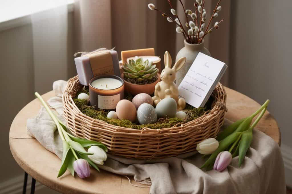Geflochtener Korb mit Kerze, Deko-Hase, Seife, Ostereiern und Frühlingsblumen auf einem Tisch