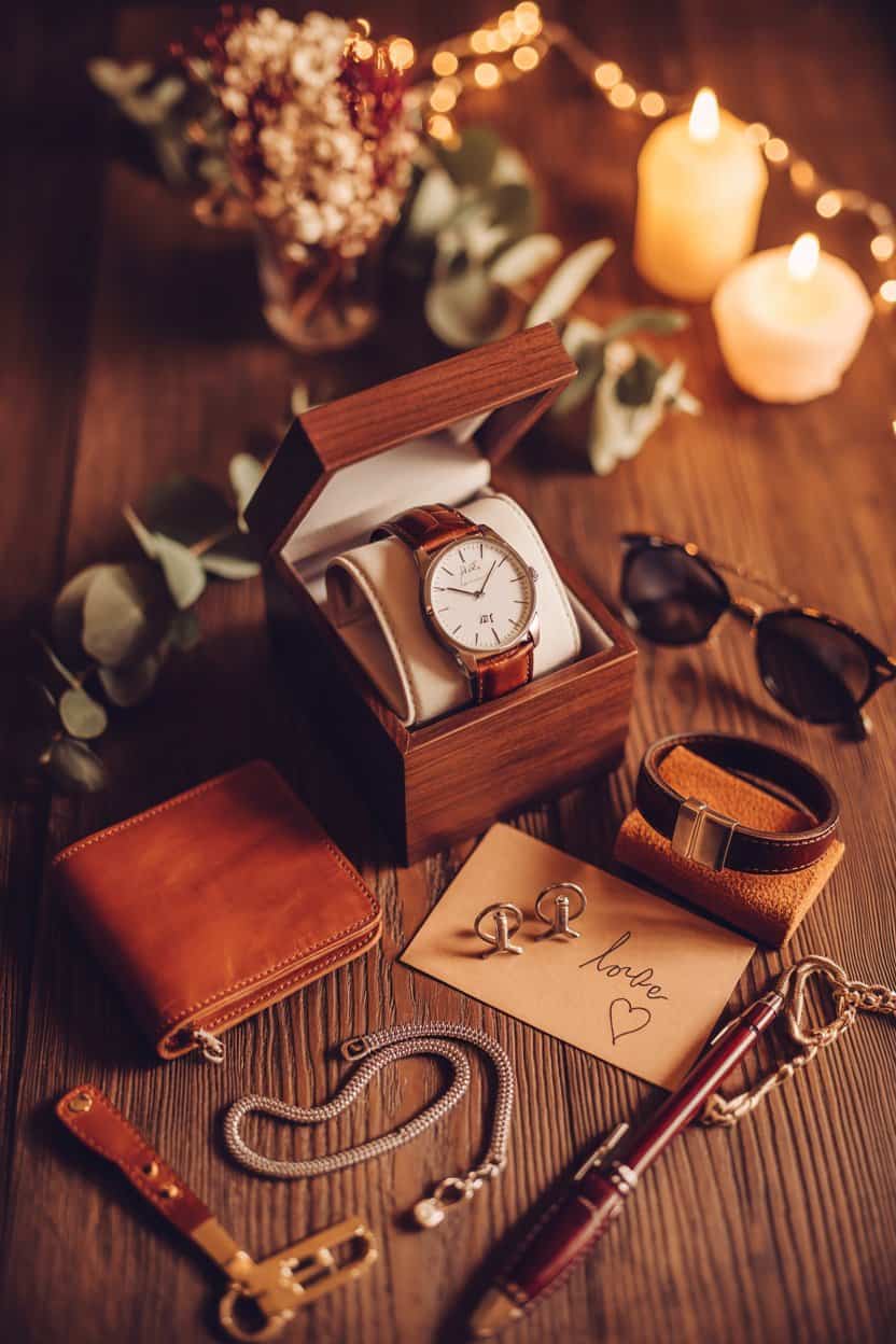 Armbanduhr in Holzbox mit Lederaccessoires als stilvolles Valentinstag Geschenk für Männer
