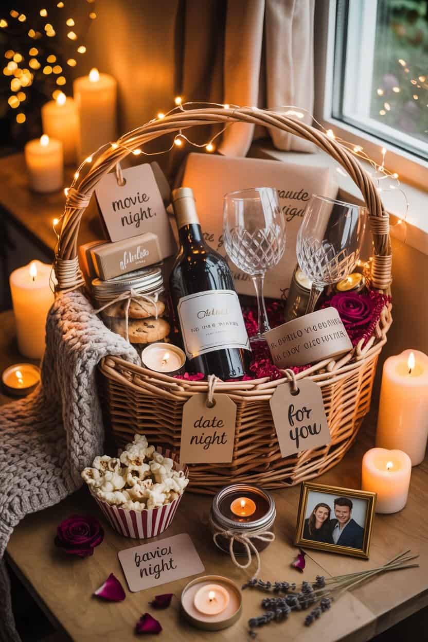 Geschenkkorb mit Wein, Kerzen und Snacks für romantischen Valentinstag Abend zu zweit