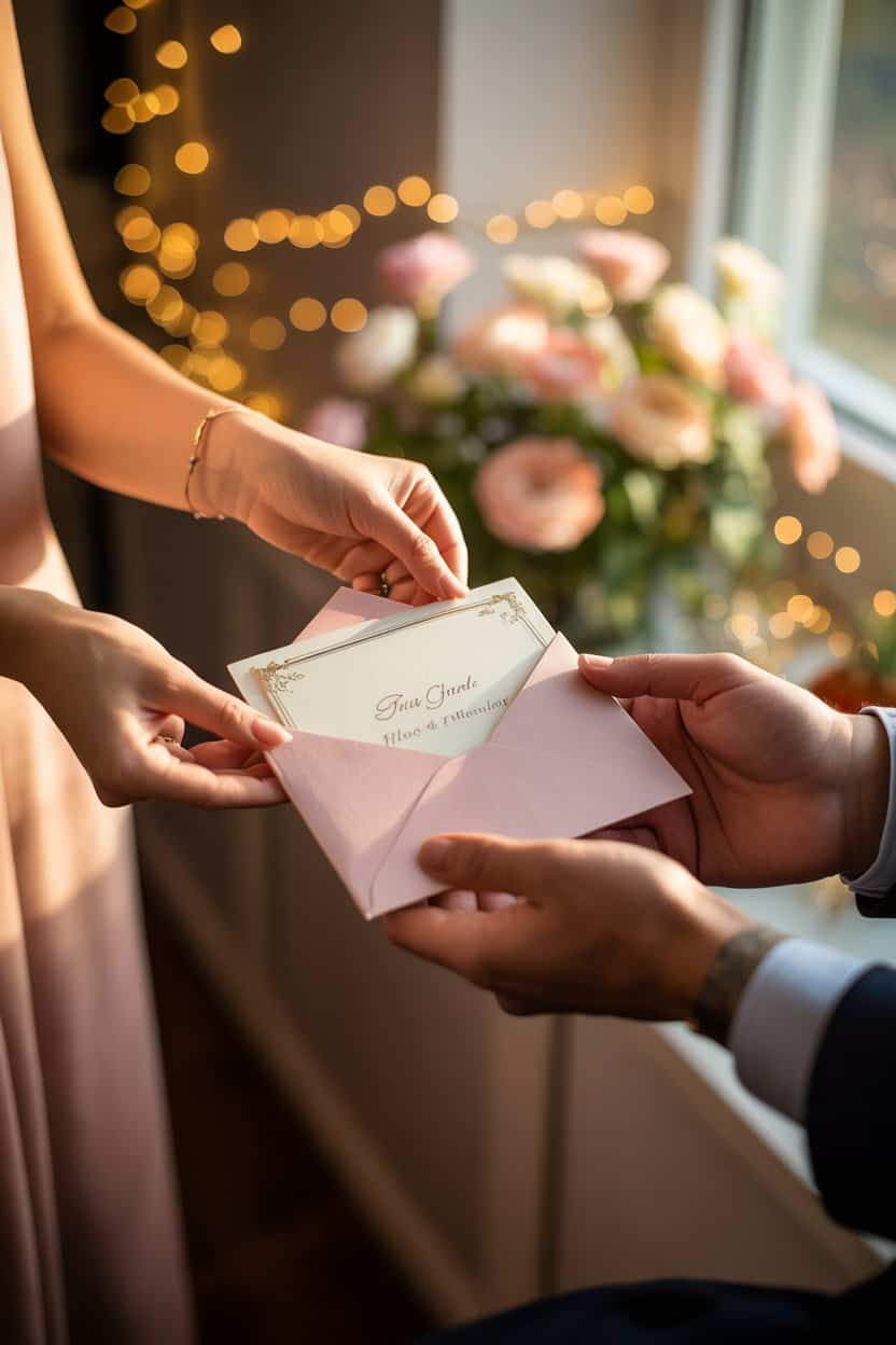 Frau überreicht Mann eine Valentinstagskarte mit Gutschen im Umschlag als persönliche Geste