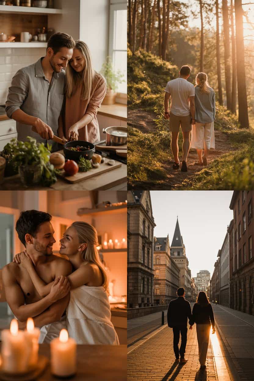 Paar kocht zusammen und spaziert Hand in Hand als gemeinsame Zeit zum Valentinstag