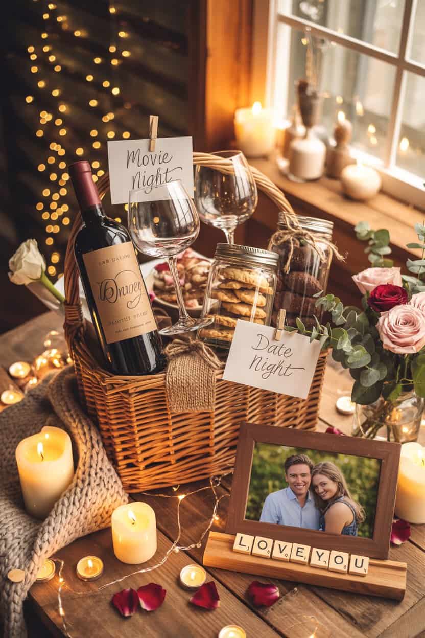Geschenkkorb mit Wein, Snacks und Foto eines Paares für romantischen Valentinstag Abend zu zweit