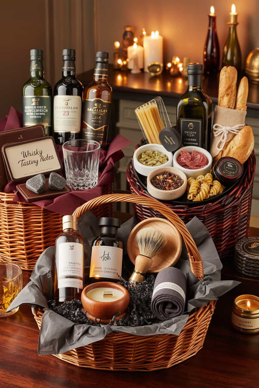Geschenkkorb zum Valentinstag für ihn mit Whisky Feinkost Pflegeprodukten und Kerzen