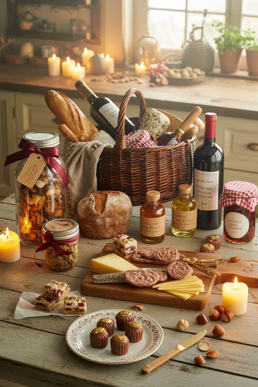 Geschenkkorb mit Wein Brot Käse und Feinkost als essbares Valentinstag Geschenk für ihn