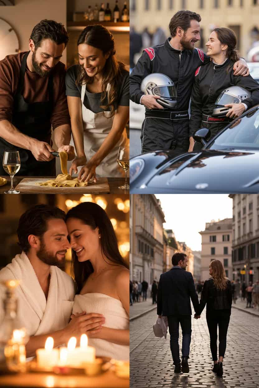 Paar erlebt gemeinsame Aktivitäten wie Kochen, Wellness, Spaziergang und Ausflug als Valentinstag Geschenk