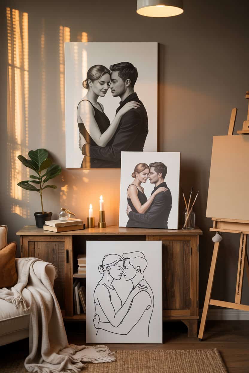 Personalisierte Wandbilder mit Paarporträt und Linienzeichnung als emotionale Valentinstag Geschenkidee für ihn