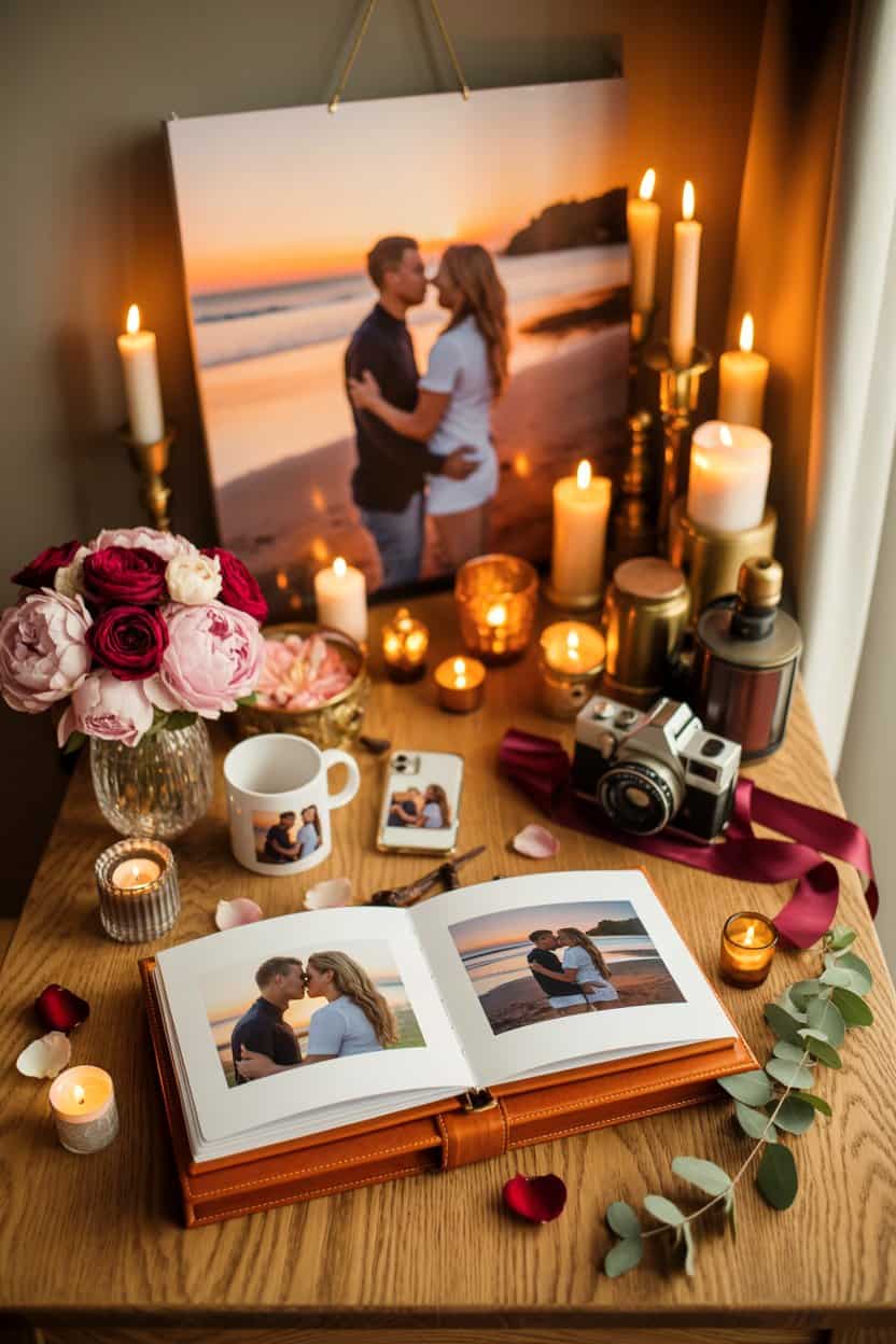 Fotobuch mit Paarfotos, Kerzen und Deko als emotionale Valentinstag Geschenkidee für ihn
