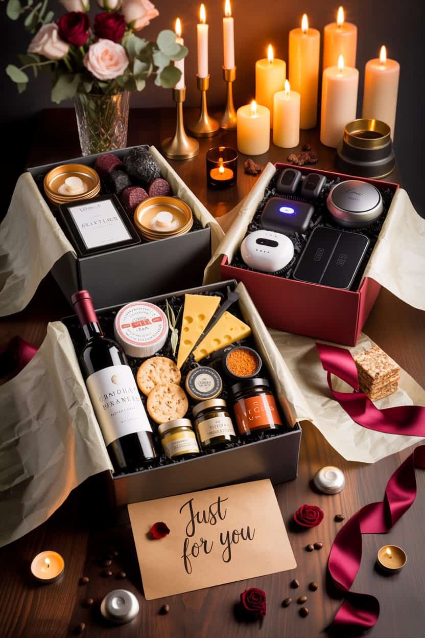 Valentinstag Geschenkbox für ihn mit Feinkost Technik und Kerzen auf gedecktem Tisch