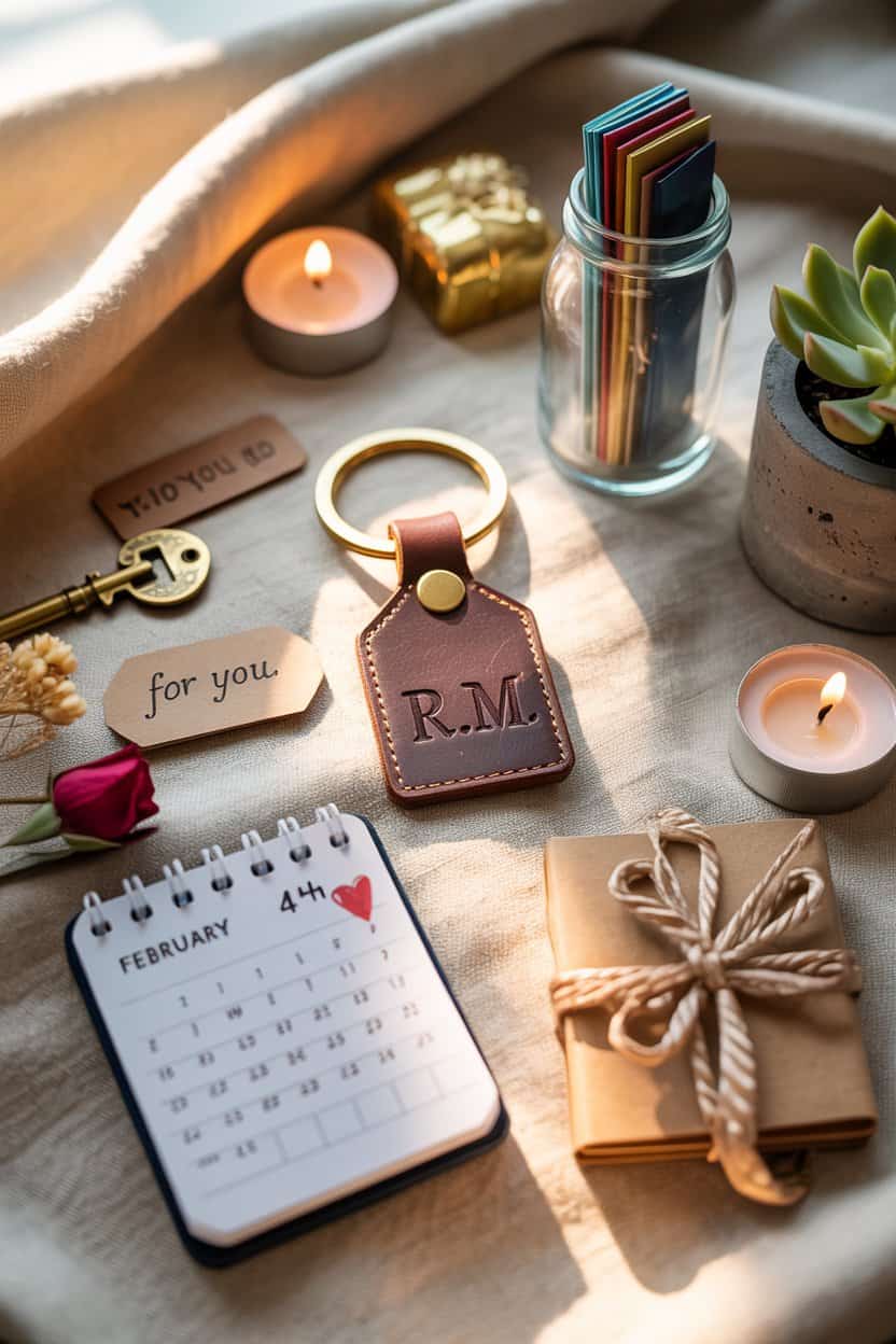 Personalisierter Leder Schlüsselanhänger mit Initialen neben Valentinstag Kalender und kleinen Geschenken