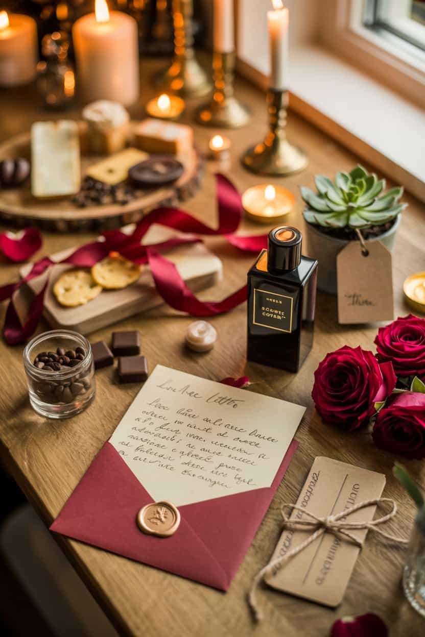 Kleine Valentinstag Geschenke mit Kerzen Brief Duft und persönlichen Notizen für ihn