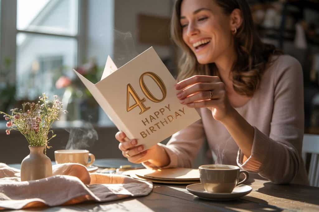 Frau lacht beim Lesen einer Karte zum 40. Geburtstag, sitzt am Tisch mit Kaffee und Blumen im warmen Licht.