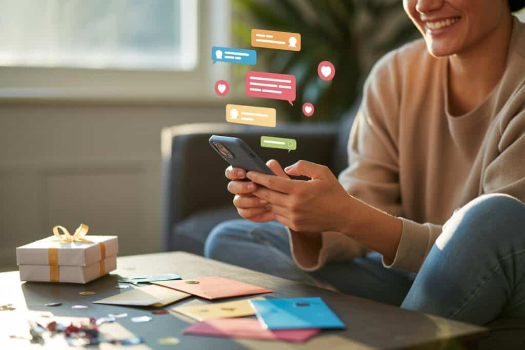 Frau sitzt auf dem Sofa und schreibt lächelnd eine Nachricht auf ihrem Smartphone, daneben liegen Karten und ein kleines Geschenk.