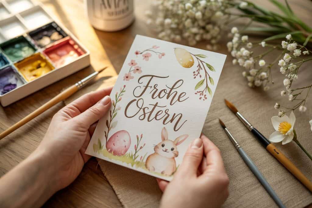 Frohe Ostern Karte mit Handlettering, Aquarell-Hase und Osterei wird in den Händen gehalten.