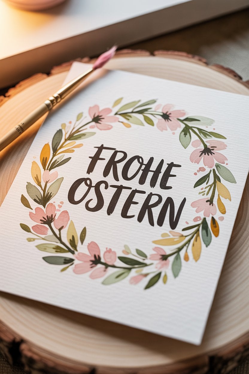 Frohe Ostern Karte mit schwarzem Handlettering und floralem Aquarellkranz auf Holzscheibe.