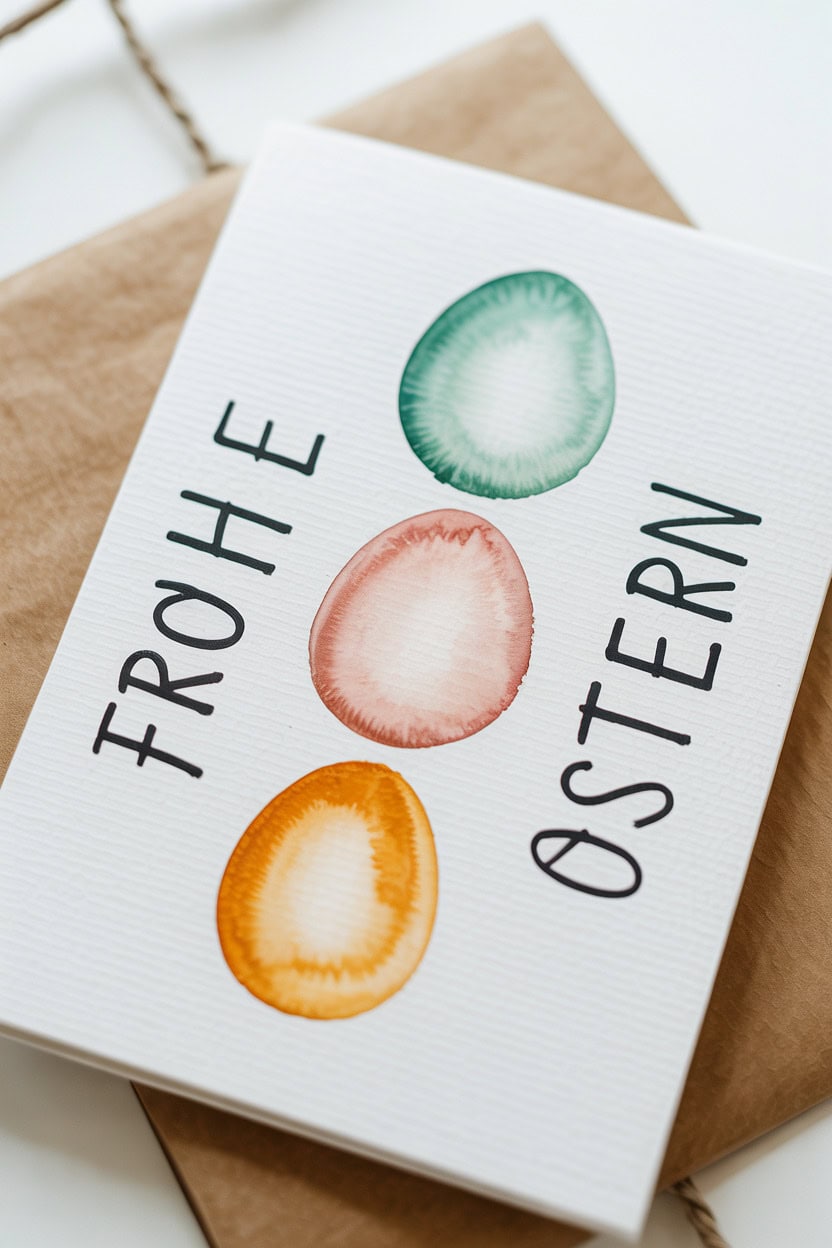 Frohe Ostern Karte mit drei Aquarell-Ostereiern und Handlettering auf Kraftpapier.
