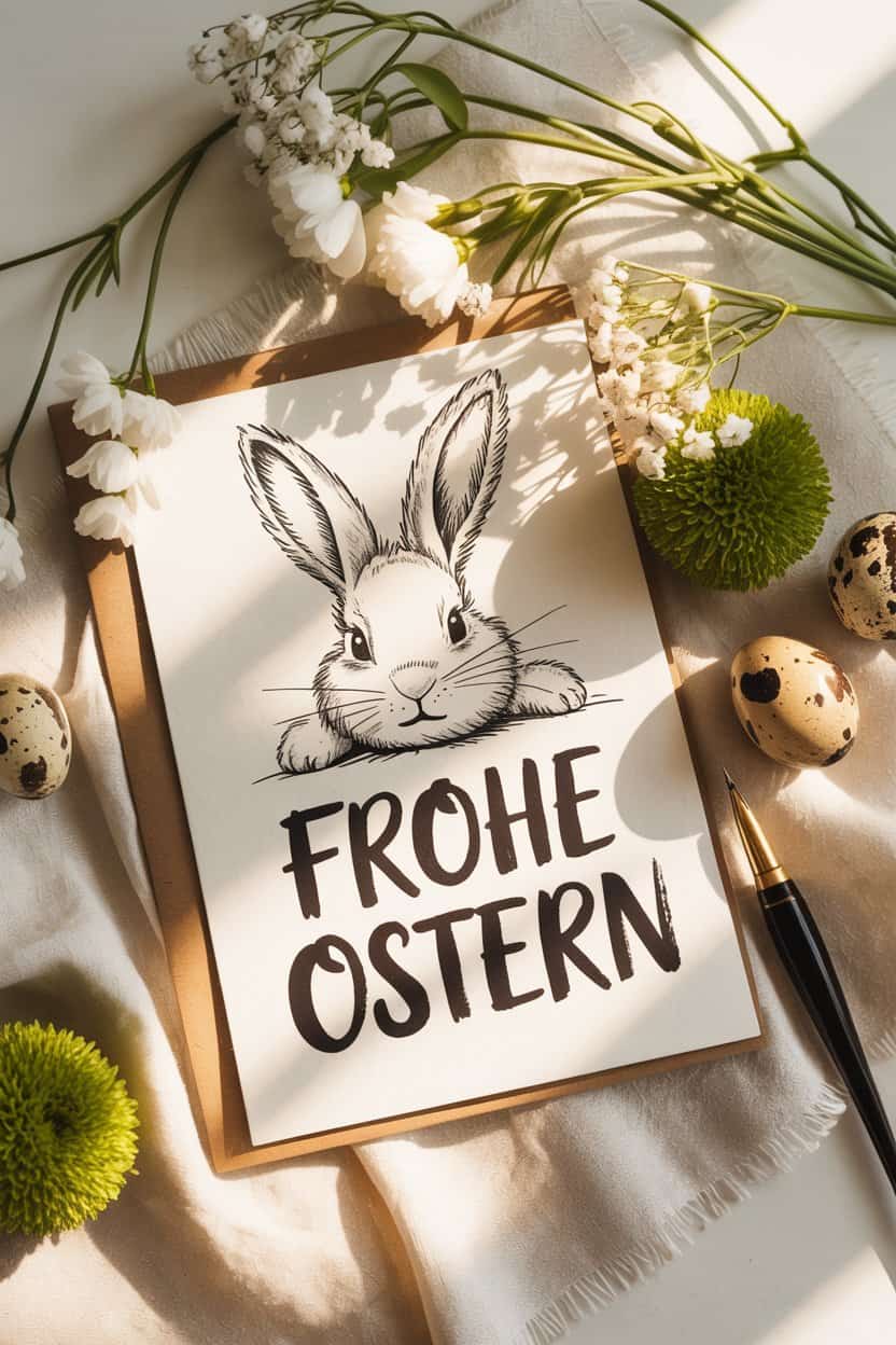 Frohe Ostern Karte mit gezeichneter Hasenillustration, Handlettering und Frühlingsblumen.