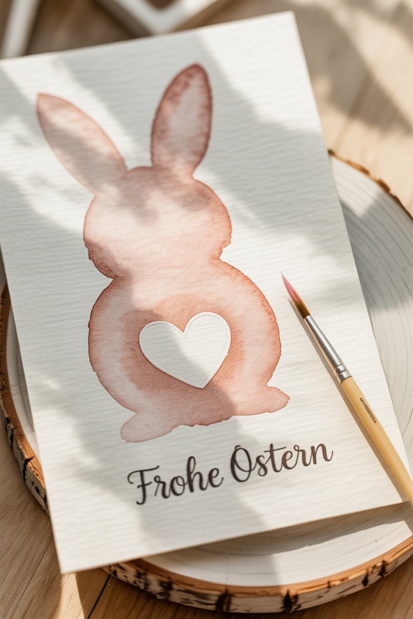 Frohe Ostern Karte mit rosa Aquarell-Hase und Handlettering.