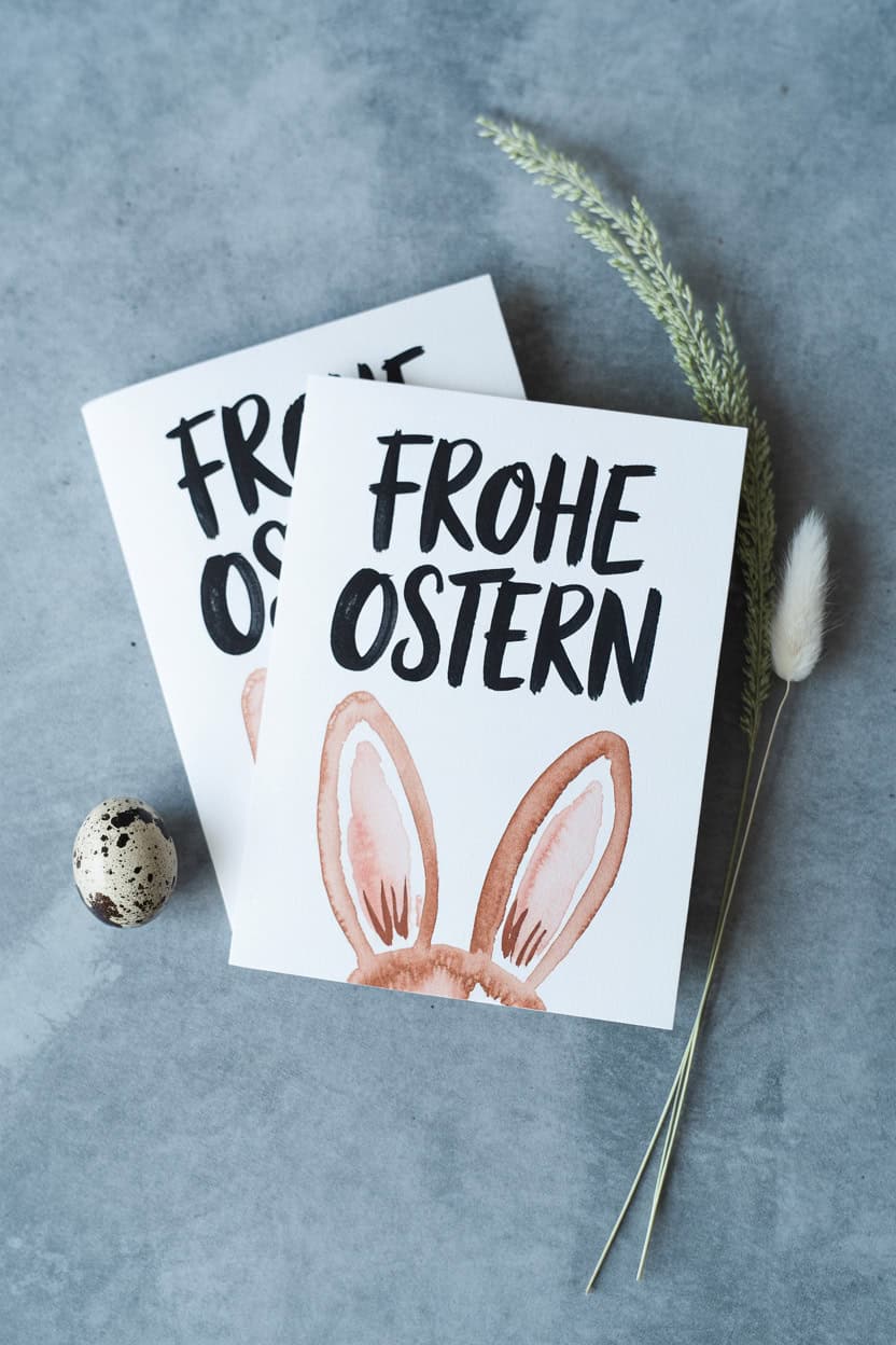 Frohe Ostern Karte mit schwarzem Handlettering und Hasenohren auf grauem Hintergrund.