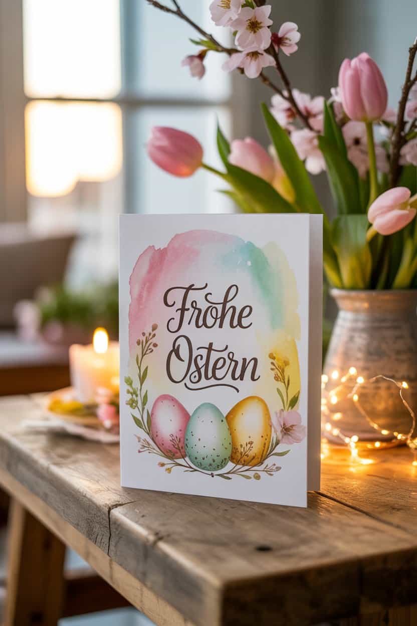 Frohe Ostern Karte mit Handlettering und drei pastellfarbenen Ostereiern auf Holztisch.