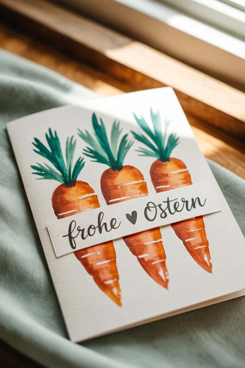Frohe Ostern Karte mit drei Aquarell-Karotten und Handlettering auf hellem Papier.