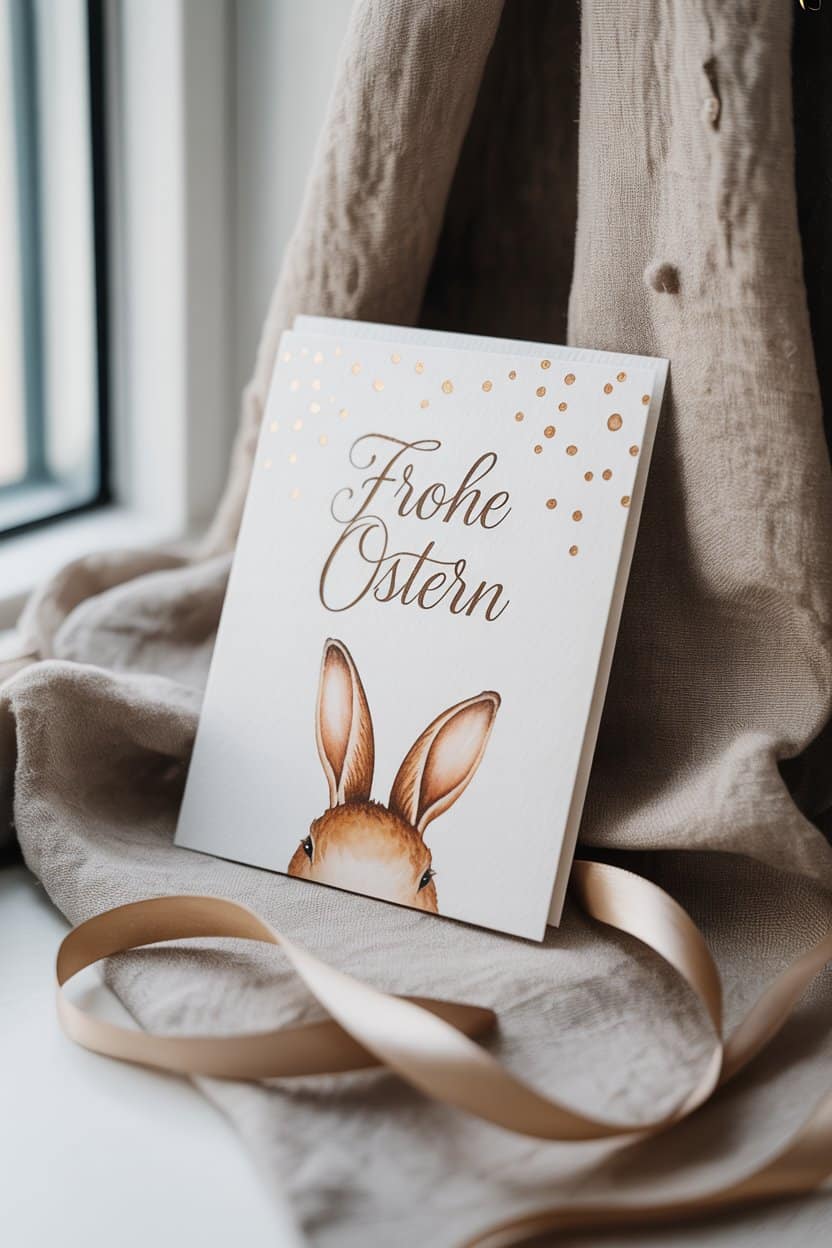 Frohe Ostern Karte mit Hasenmotiv, goldenen Punkten und elegantem Handlettering.