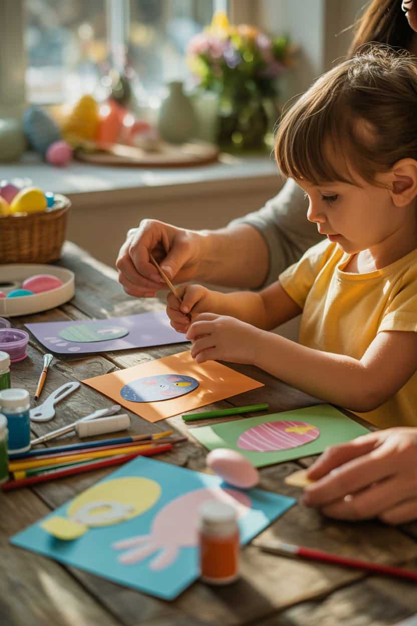 Kind bastelt Osterkarten mit buntem Papier, Farben und Ostermotiven am Tisch